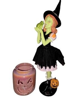 Broomstick Halloween NWT Whimsical Black & Green Face Resin Witch & Frog Decor